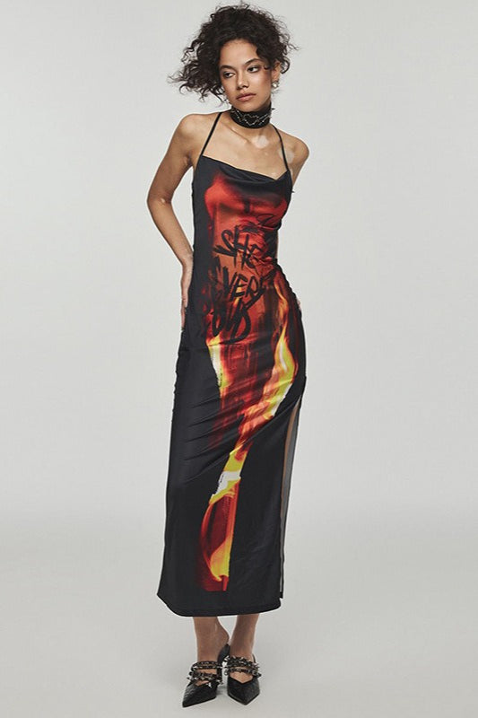 Flame Print Cowl Neck Backless Maxi Dress