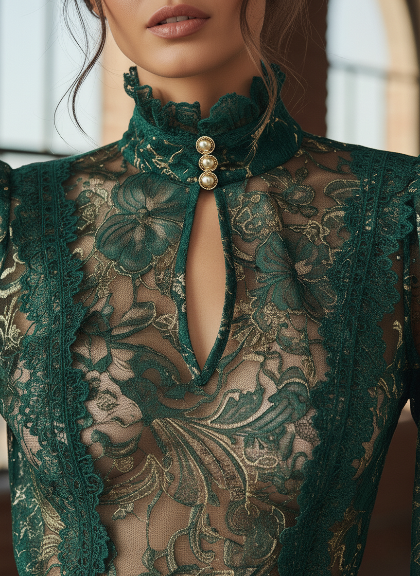 Emerald Green Gold Lace Sheer High-Neck Blouse with Keyhole Detail - Fashionpara