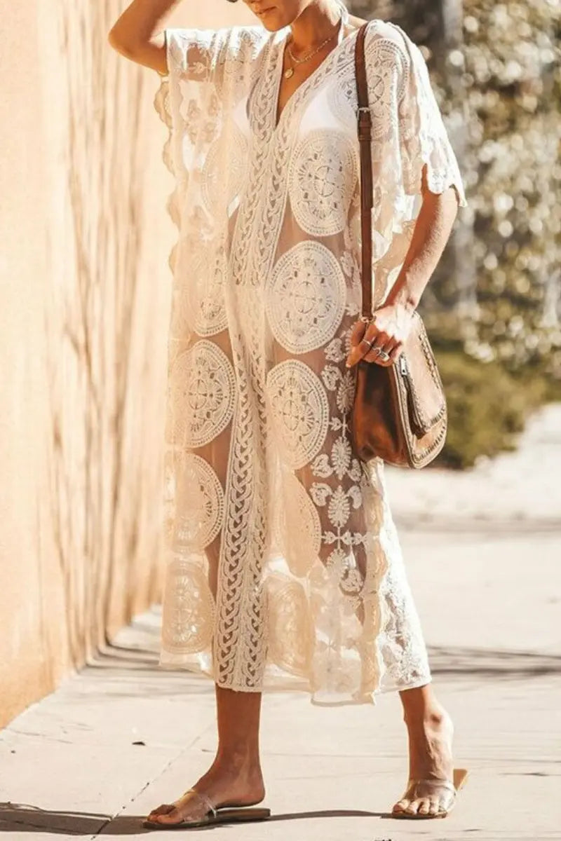 Scalloped Edge Sheer Lace Crochet Maxi Kaftan Boho Cover Up Fashionpara