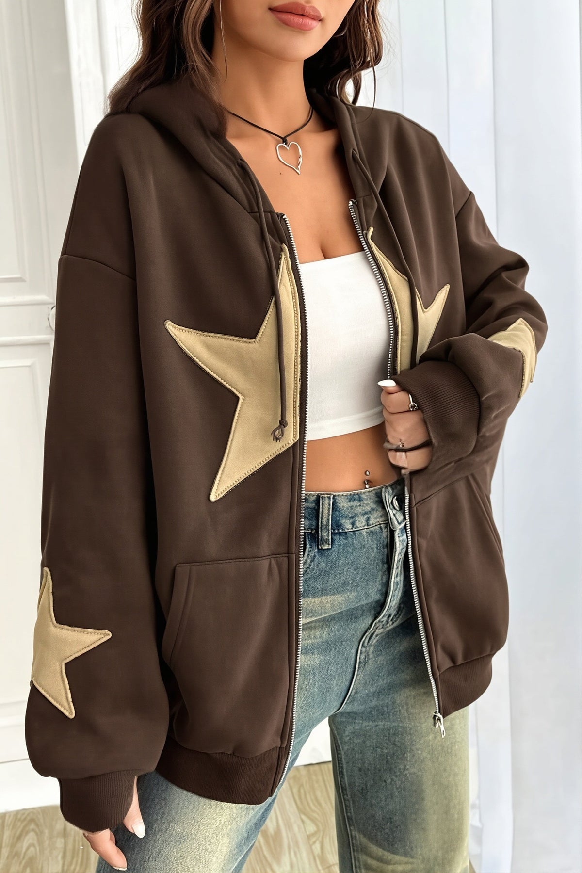 Star Contrast Oversize Zip Hoodie 2