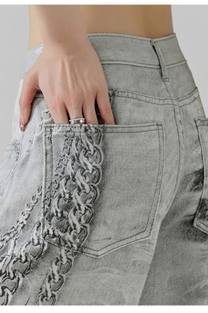 Metal Love Chain Straight Leg Jeans