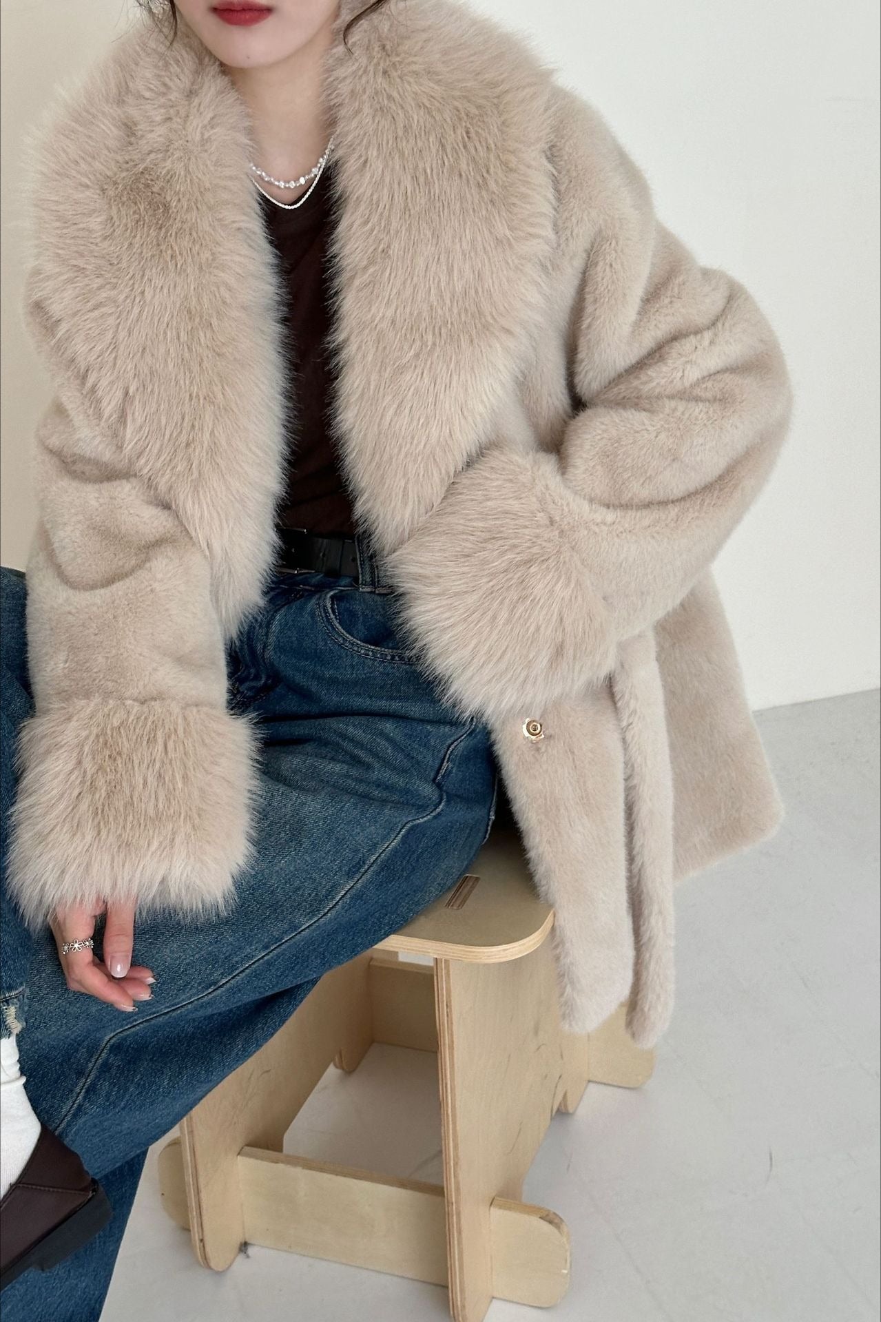 Faux Animal Fur Suede Mid-Length Notch Collar Tie Waist Coat