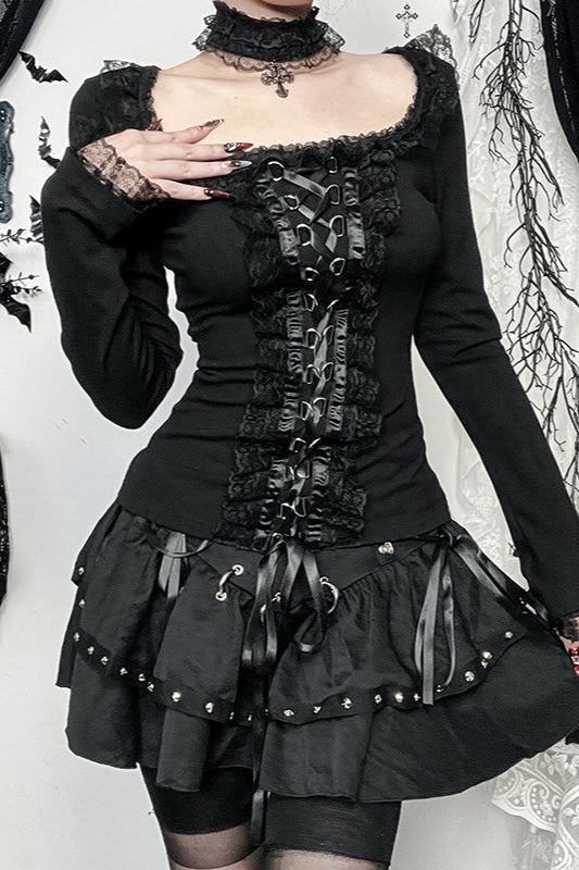 Gothic Lace Trim Buckle Knit Top