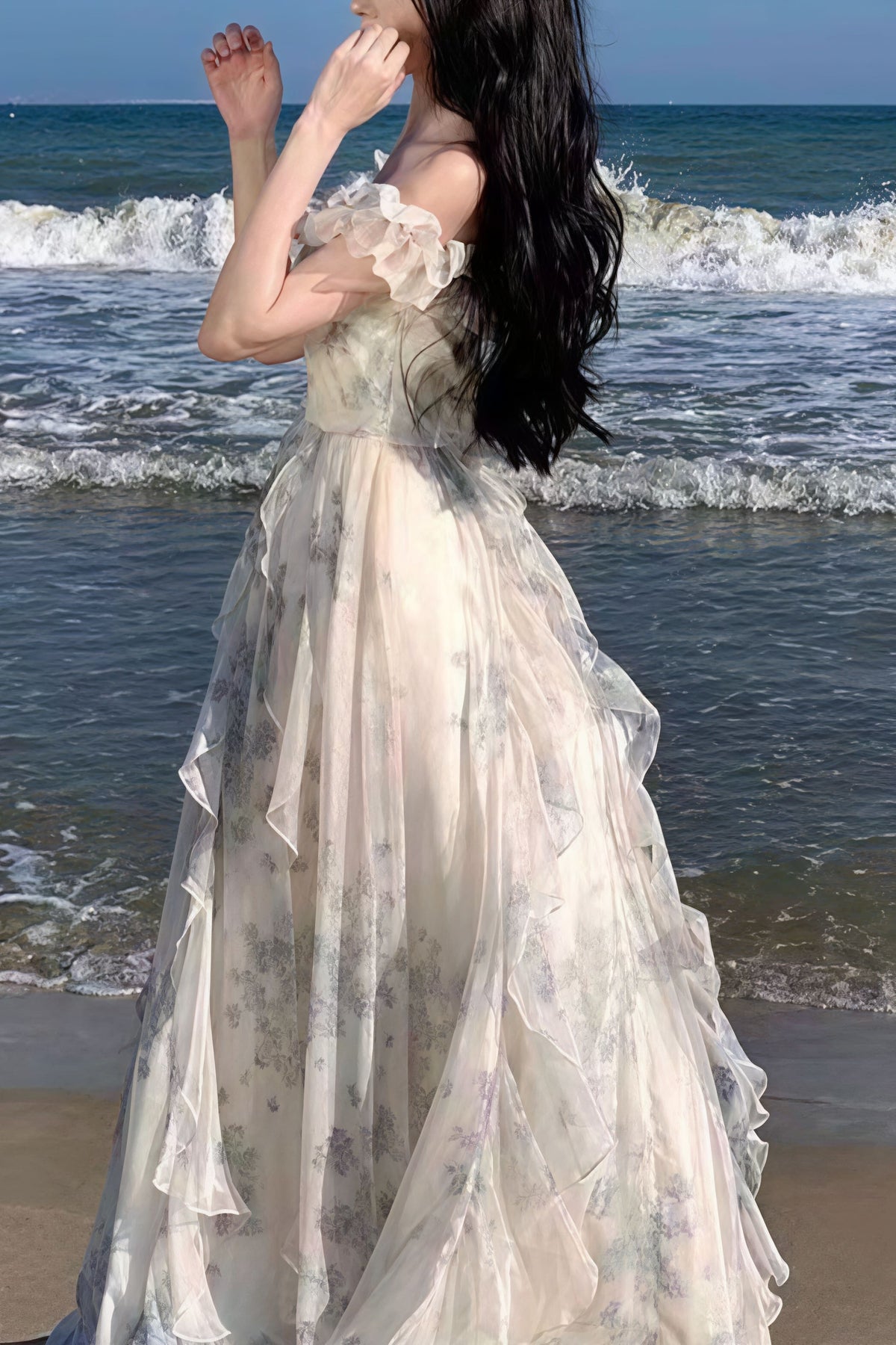 Floral Print Off Shoulder Ruffle Tulle Maxi Gown 2