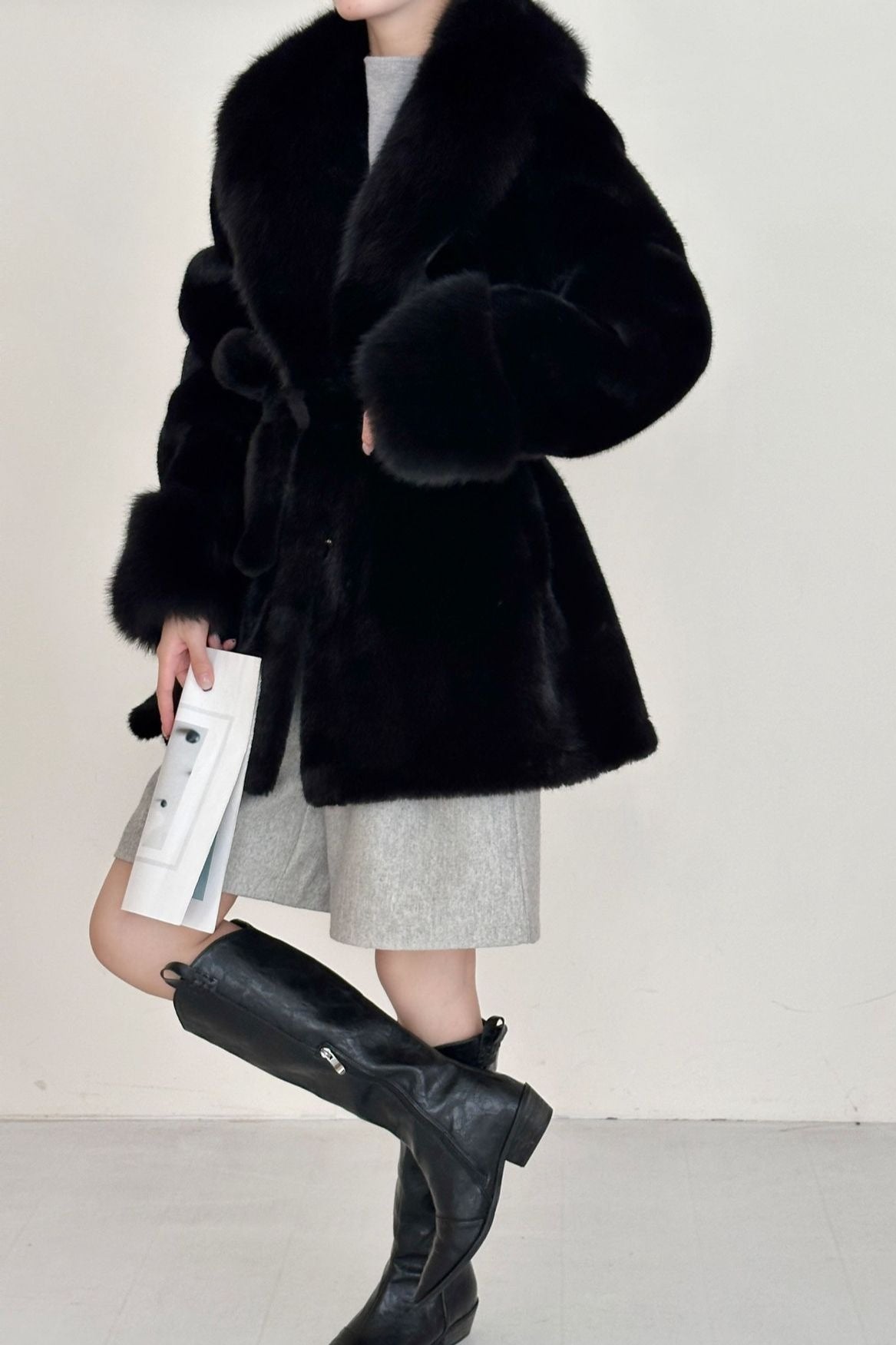 Faux Animal Fur Suede Mid-Length Notch Collar Tie Waist Coat