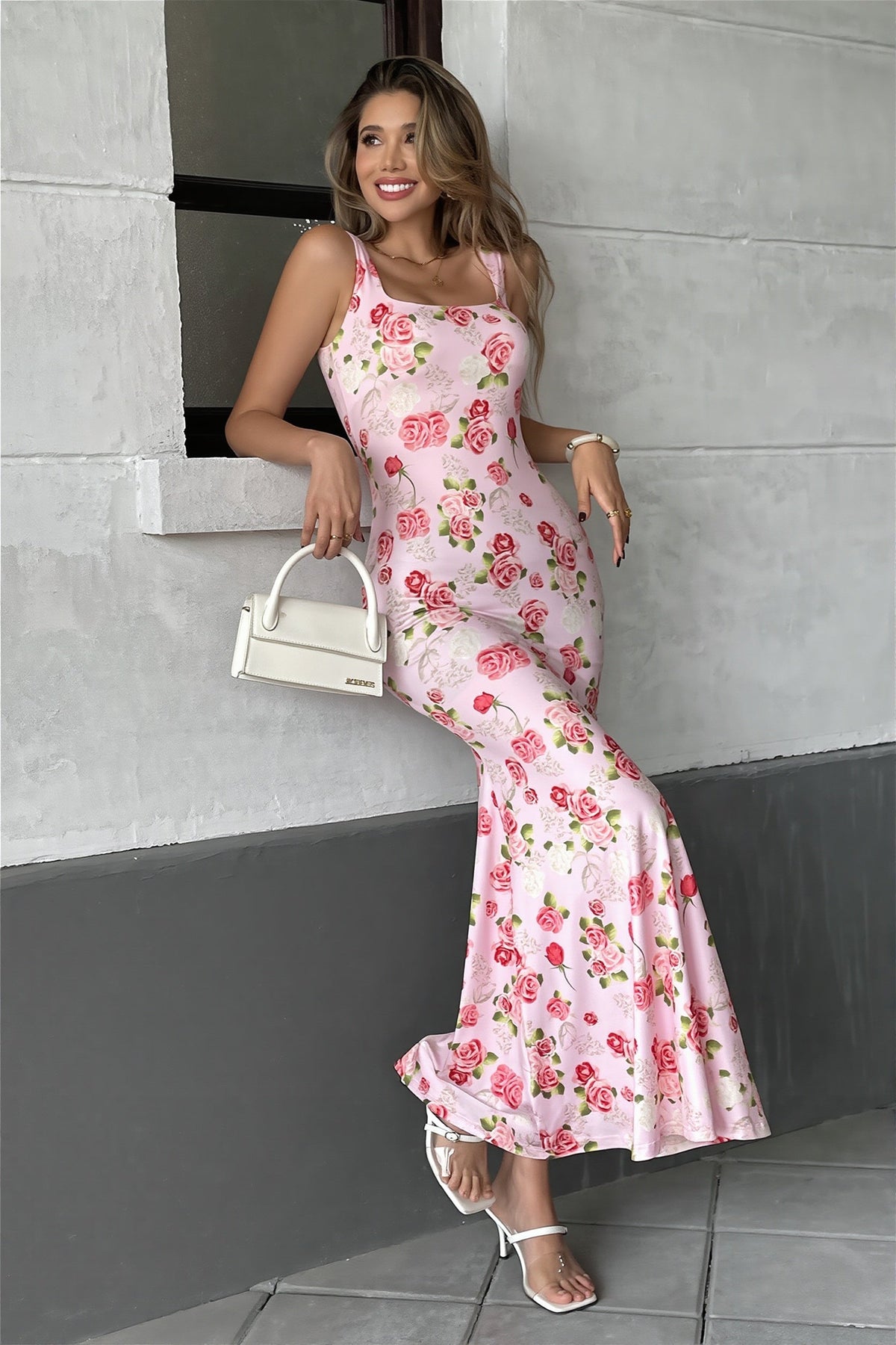 Rose Floral Scoop Neck Bodycon Mermaid Maxi Dress