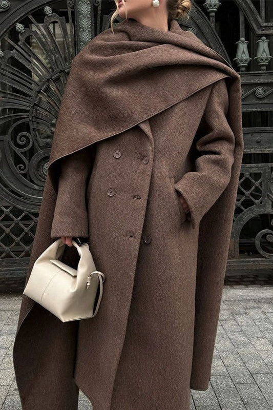 Scarf Collar Longline Woolen Elegant Solid Overcoat