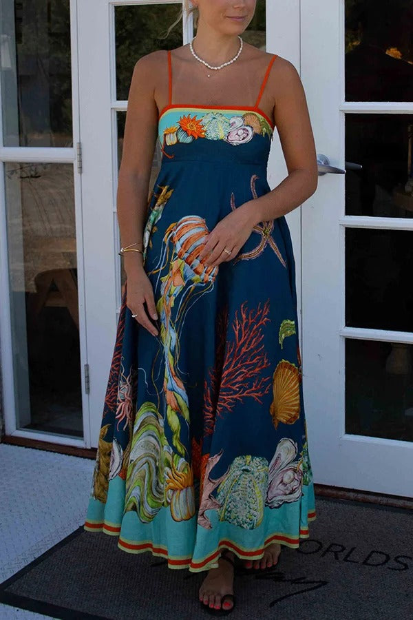 Linen Blend Unique Print Suspenders Back Pleated Pocket Resort Style Maxi Dress - Fashionpara