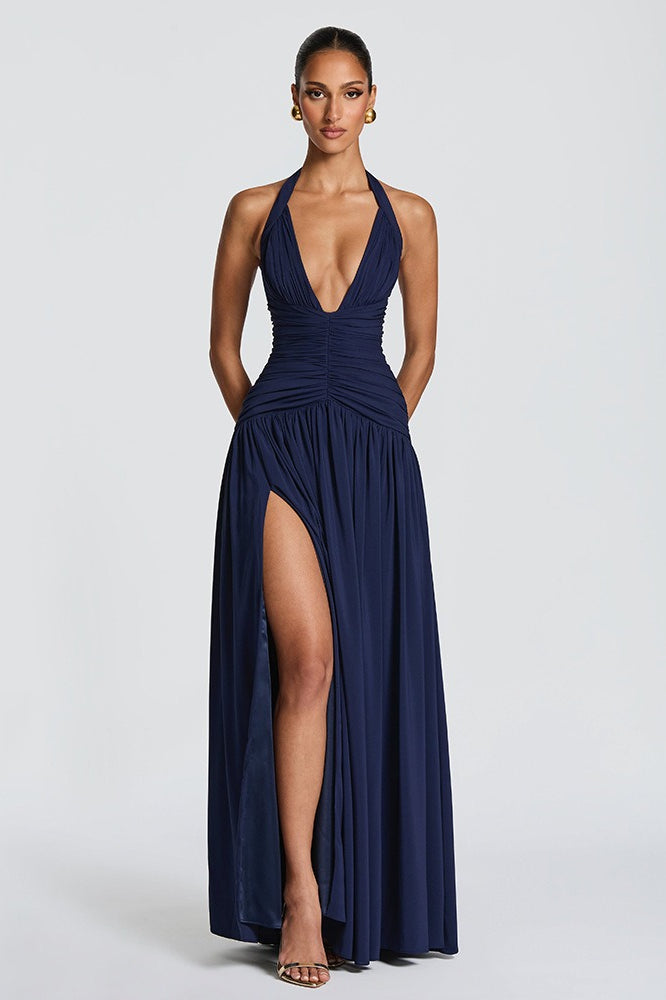 Halter Deep V-Neck Ruched High-Slit Maxi Dress
