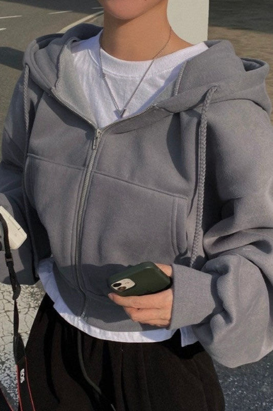 Fleece Lined Zip Cropped Hoodie