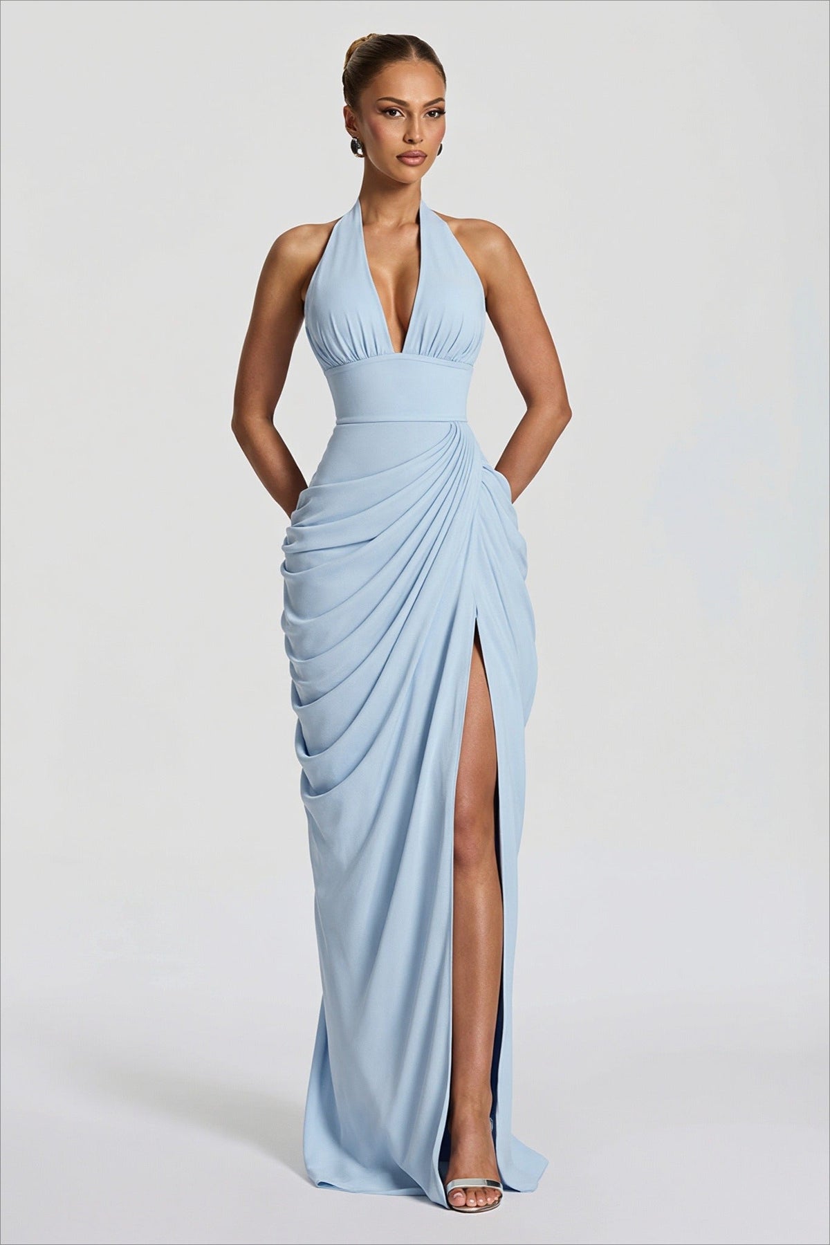 Halter V-Neck Ruched Draped Fitted Maxi Dress
