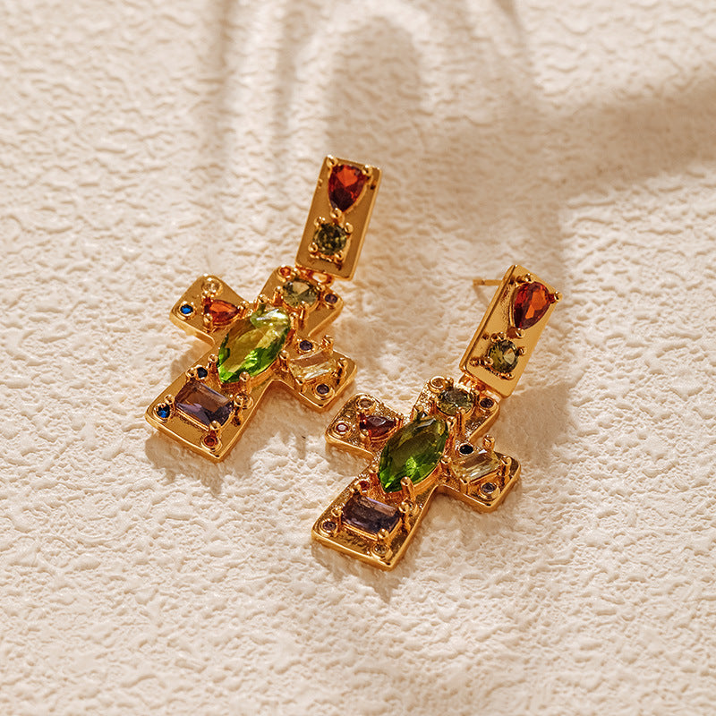 Cross Colored Zircon Stud Earrings - Fashionpara