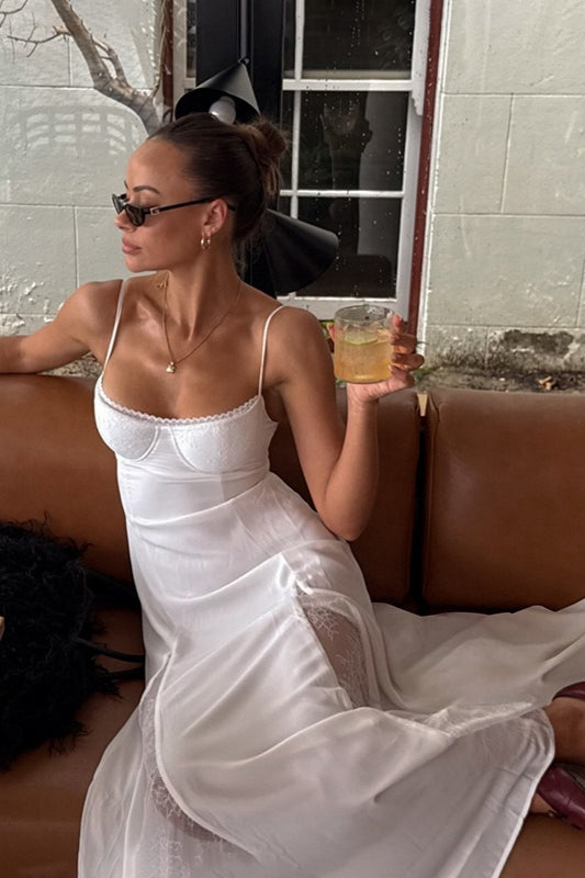 Satin Spaghetti-Strap Lace-Trim Slip Maxi Dress
