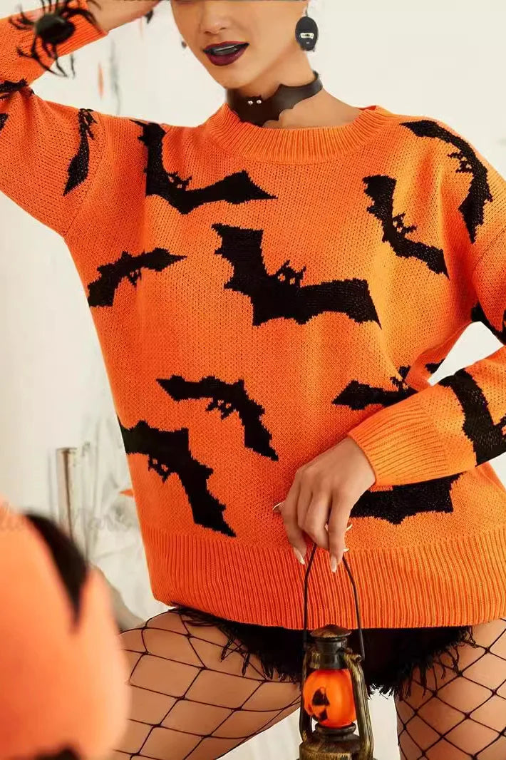 Elegant Halloween Jacquard Long Sleeve Sweater for Fall