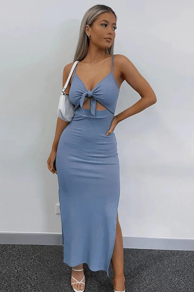 Ribbed Knit Tie Front Cutout Maxi Dress