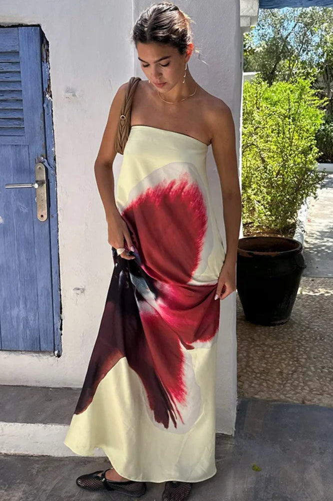 Abstract Print Strapless Satin Slip Maxi Dress
