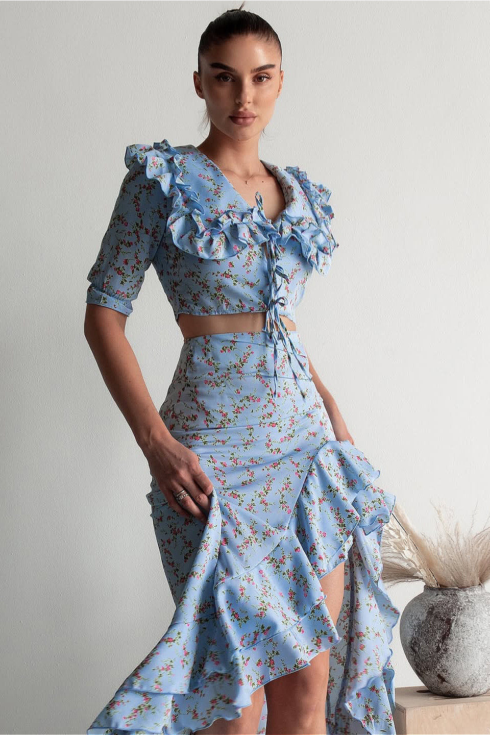 Floral Light Blue Ruffled Split Midi Skirt Two Piece Set