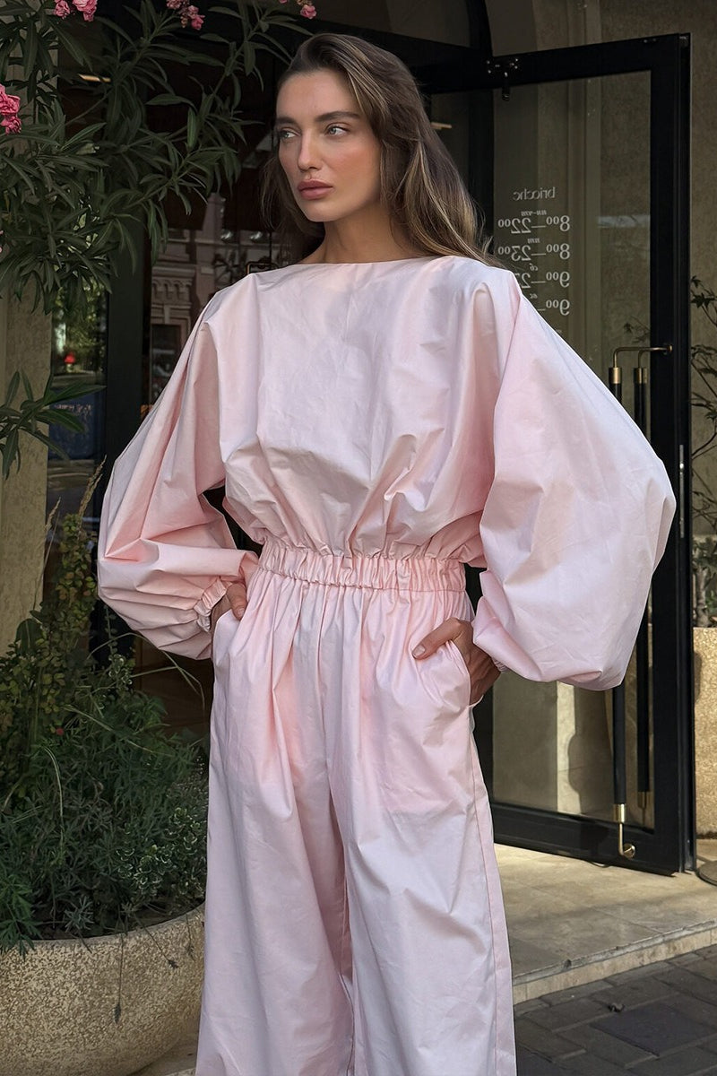Balloon Sleeve Backless Wide Leg Jumpsuit
