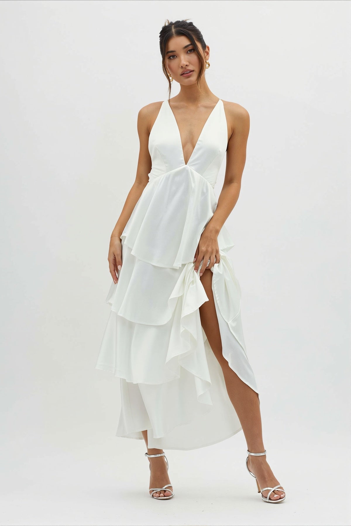 Satin Plunge V-Neck Tiered Ruffle Maxi Formal Dress