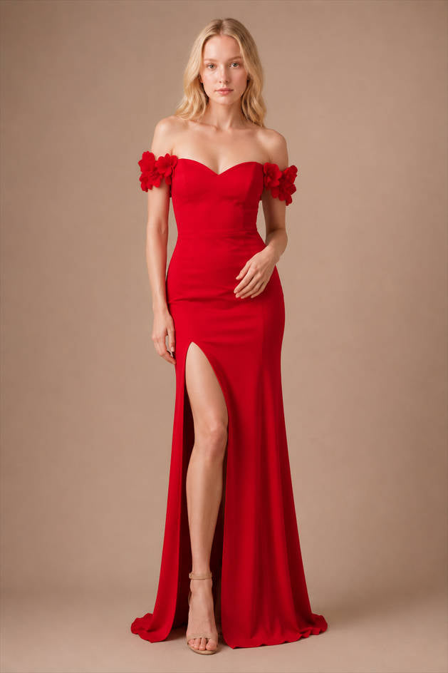 Off Shoulder Floral Appliqué Mermaid Gown