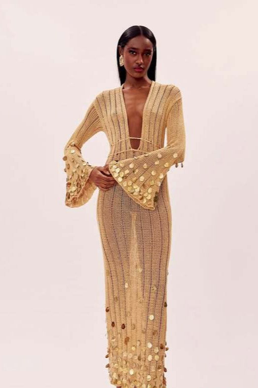 Sexy V Neck Belted Sequin Knit Long Boho Dress - Fashionpara