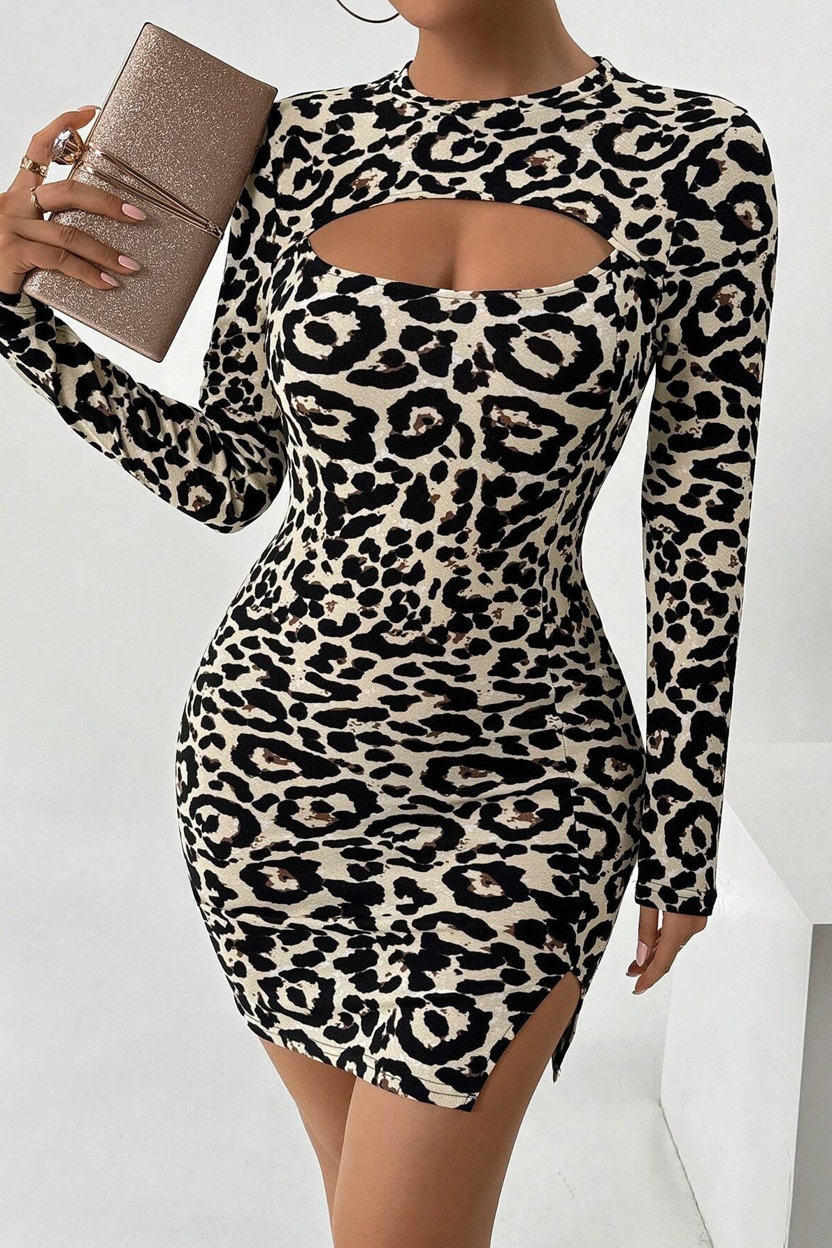 Leopard Print Cutout Long Sleeve Mini Dress