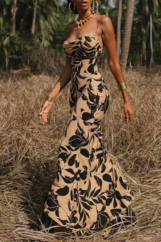Leaf Print Square Neck Bodycon Maxi Dress