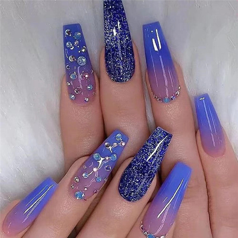 24pcs Long Coffin Rhinestone Decor Gradient Fake Nail & 1sheet Tape