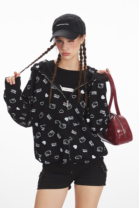 Loose Cat Print Zip Hoodie