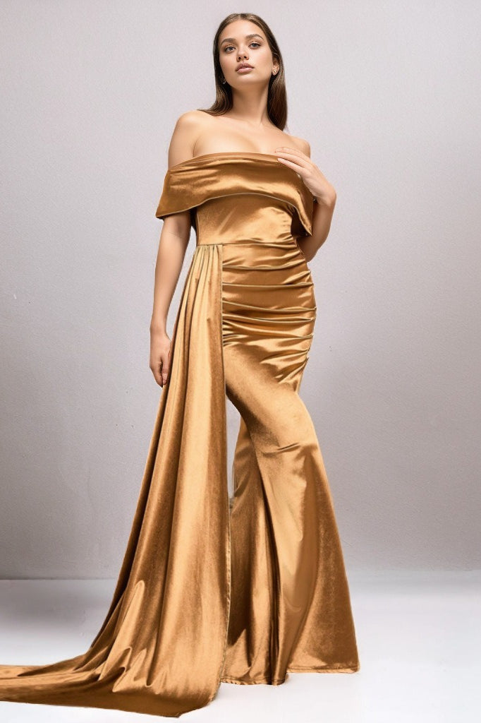 Satin Off Shoulder Ruched High Split Maxi Formal Gown - View 3
