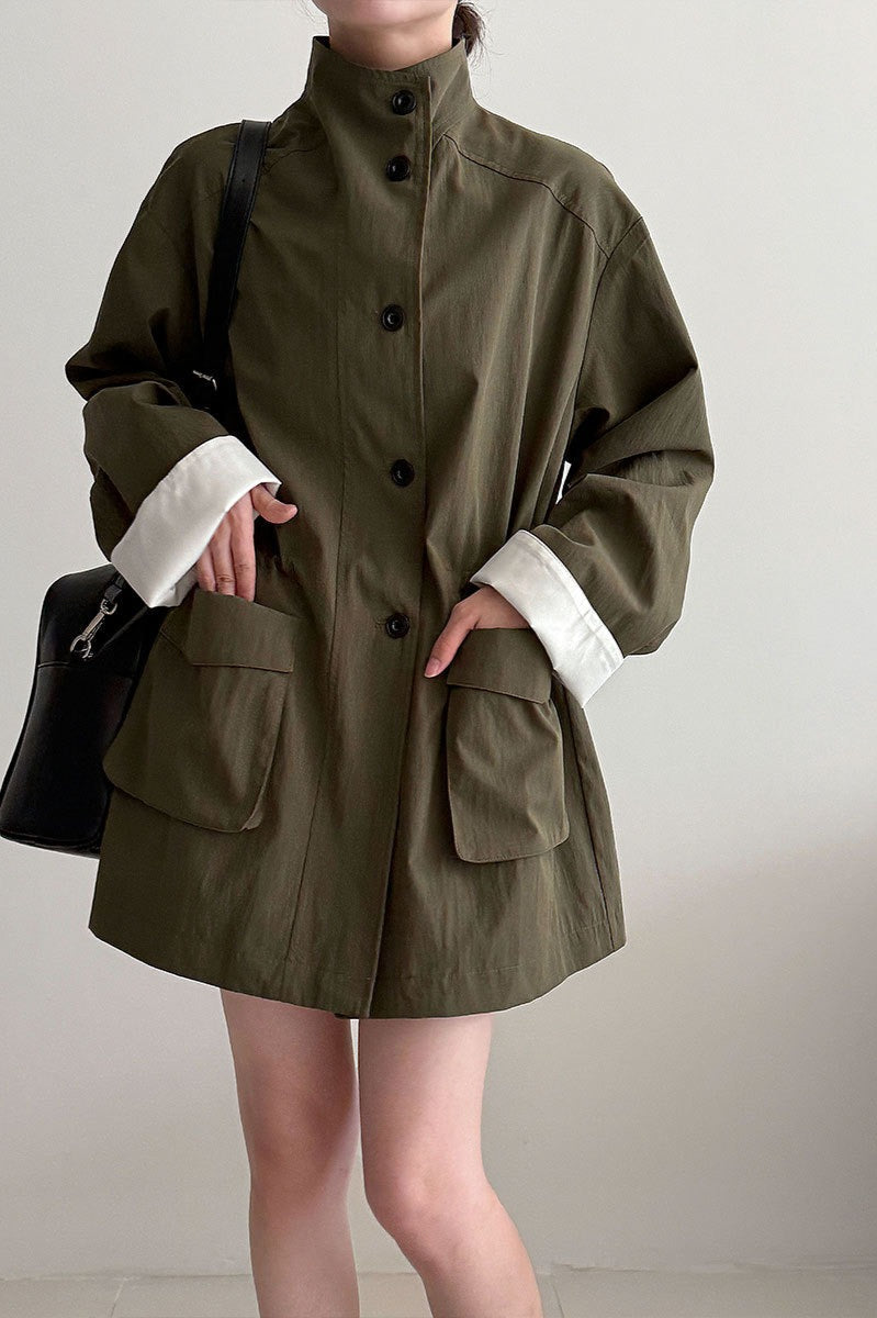 Pocketed Loose Drawstring Trench Coat - Fashionpara