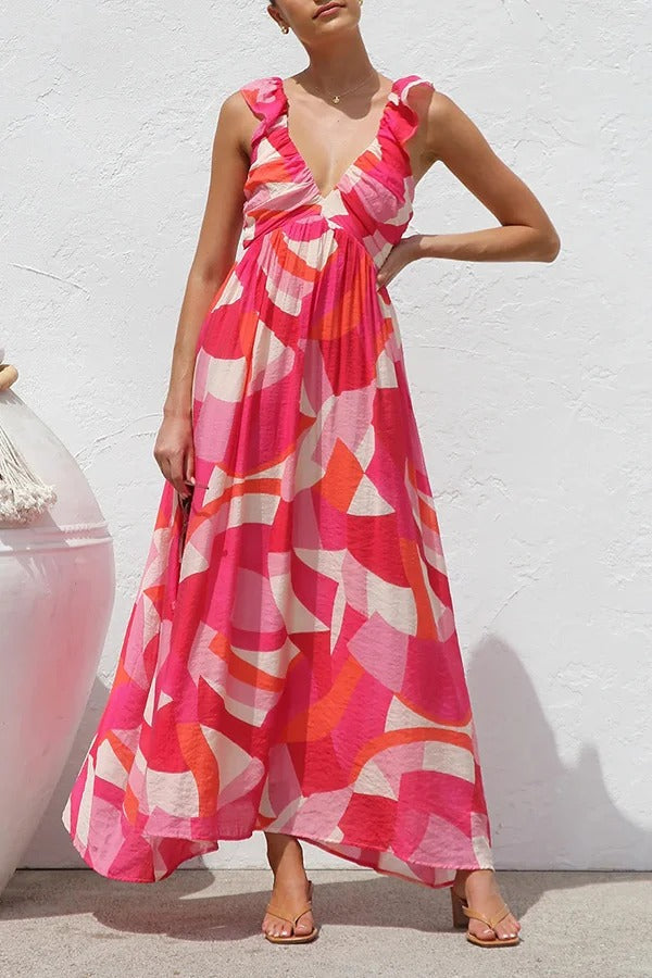 Unique Printed V-neck Ruffled Straps Pleated Back Maxi Dress - Fashionpara