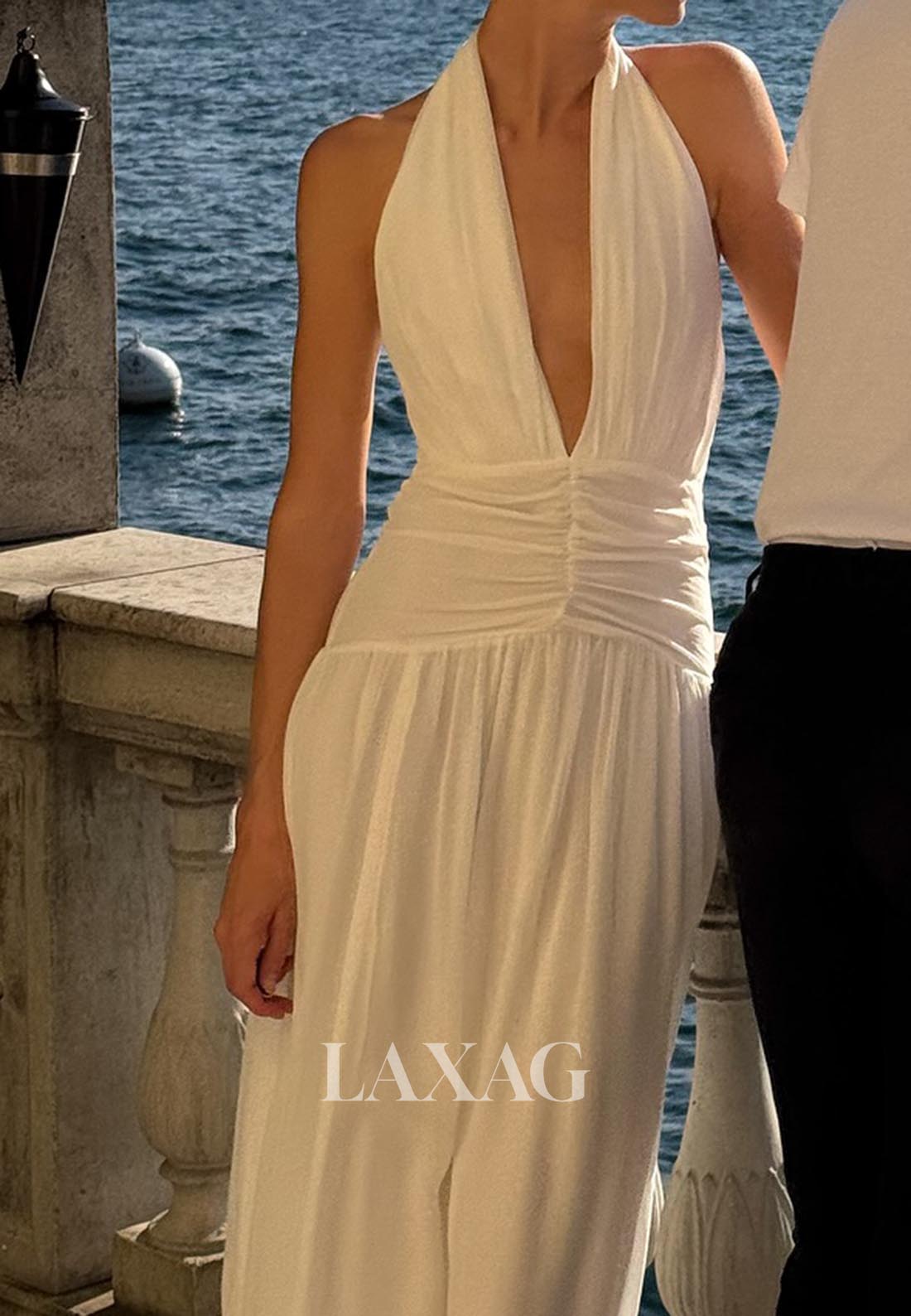 Halter Deep V-Neck Sleveless A-Line Wedding Dress Floor-Length Pleated Chiffon Bride Gowns
