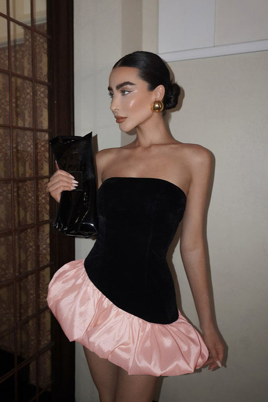 Elegant Velvet Paneled Strapless Puff Mini Dress - View 2