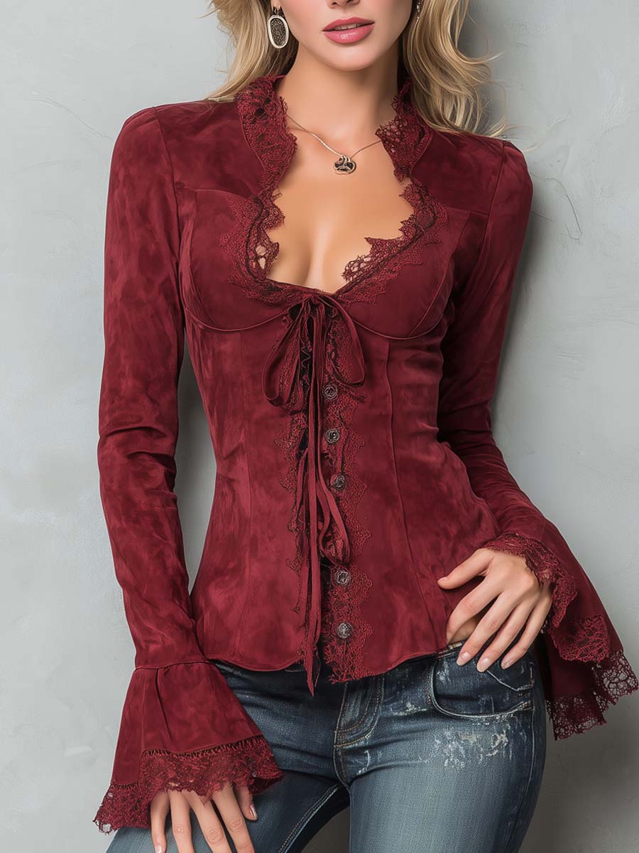 Vintage Lace Trim Polyester Suede Embroidered Blouse