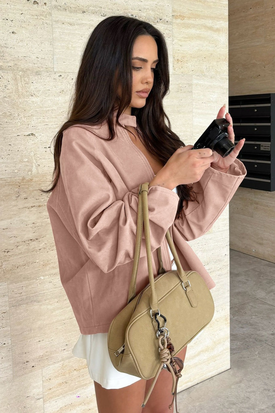 Stand Collar Suede Long Sleeve Jacket 2