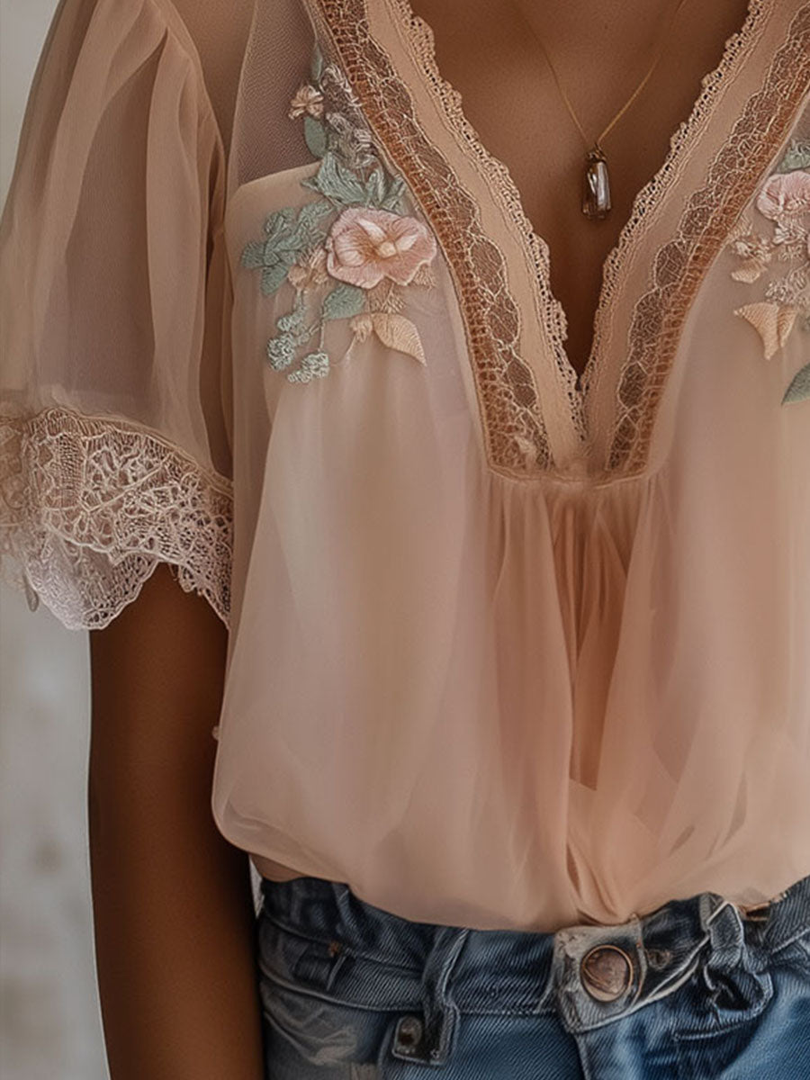 Boho Delicate Floral Embroidered Chiffon Blouse - Fashionpara