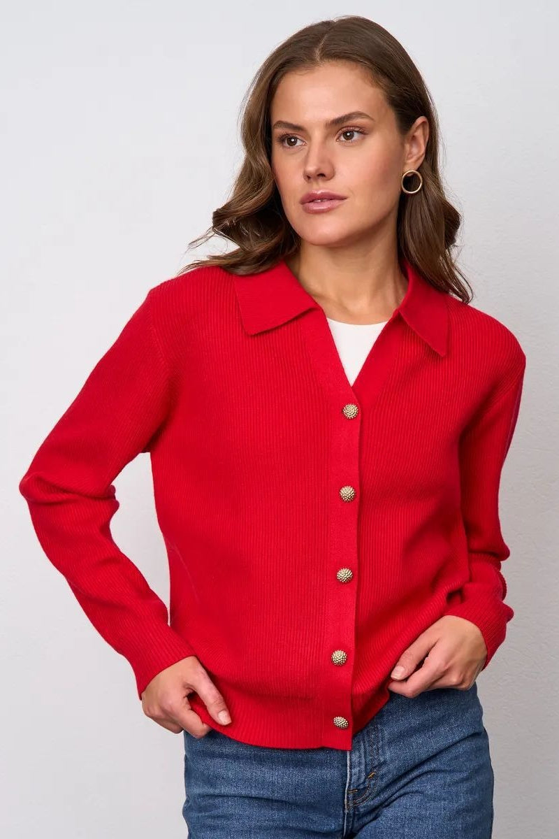 Solid V Neck Button Down Cardigan S / Red