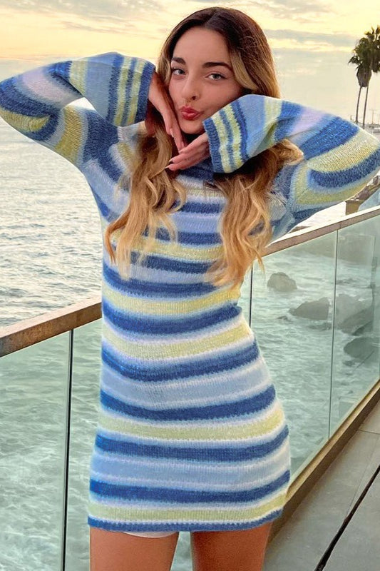 Flare Sleeve Striped Sweater Dress