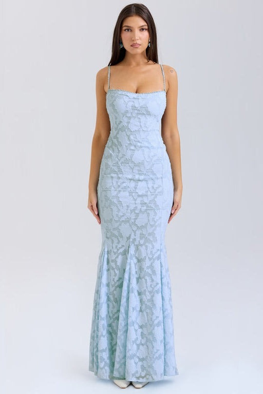 Tie Waist Sling Embroidered Mermaid Lace Dress in Blue - View 4