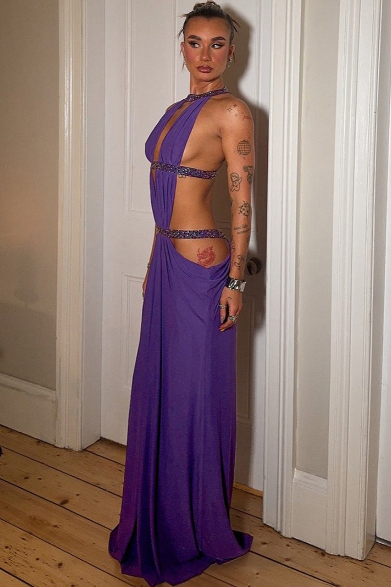 Halter Neck Plunge Embellished Cutout Maxi Dress 6