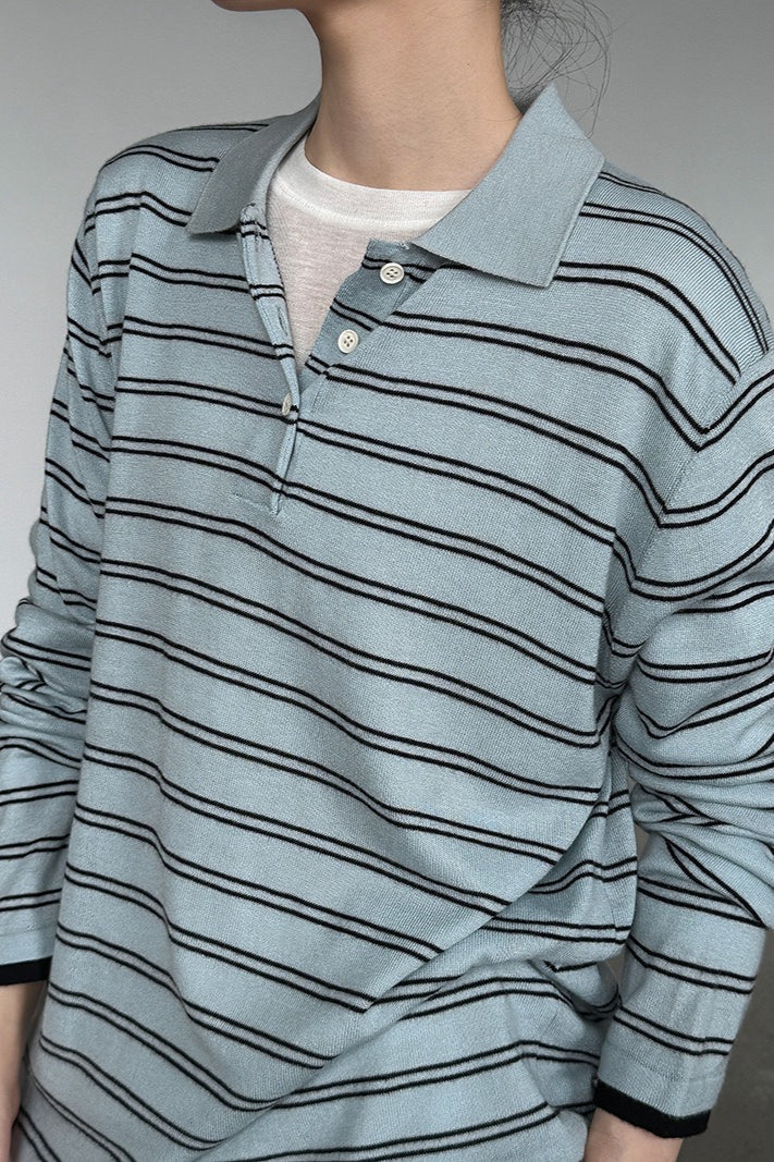 Soft Wool Striped Polo Collar Long Sleeve Blouse