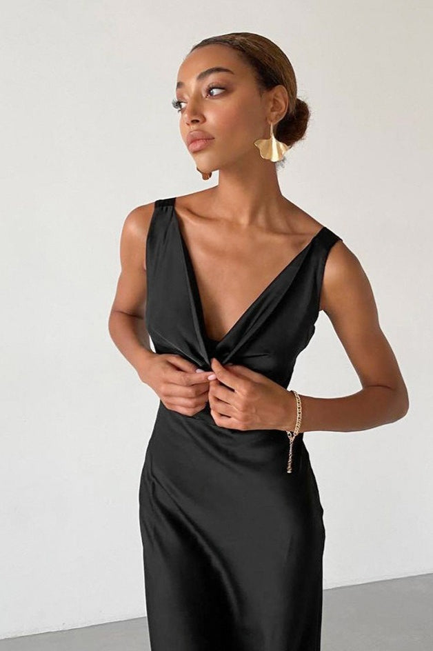 Satin Cowl-Neck Sleeveless Bodycon Maxi Dress