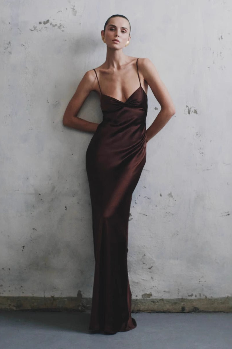 Satin Deep V-Neck Spaghetti Strap Ruched Bust Column Maxi Gown