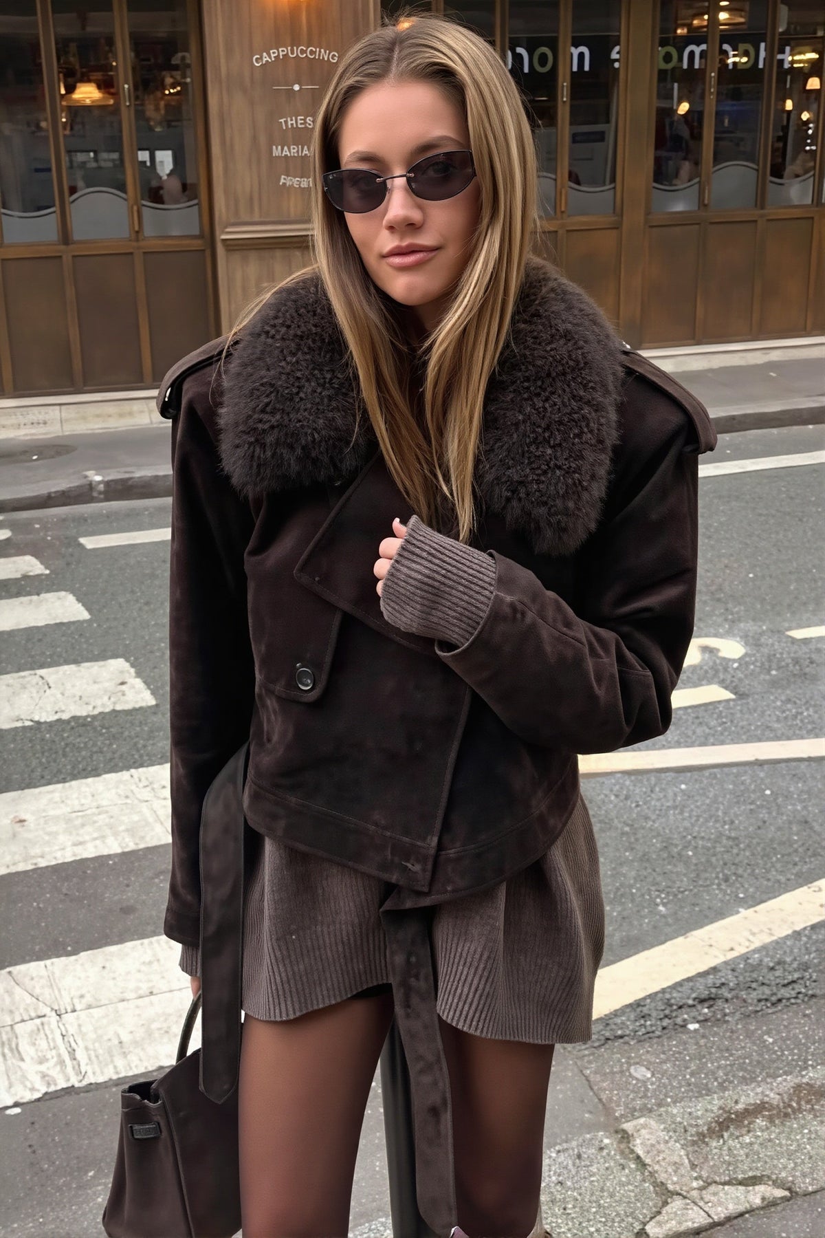 Faux Fur Collar Belted Suede Look Jacket 2