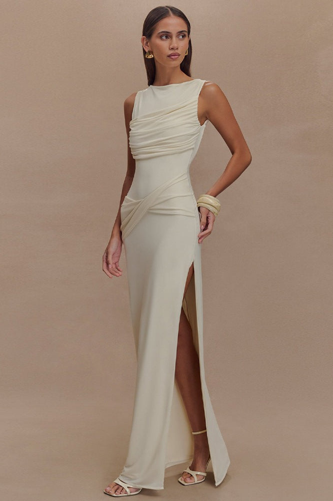 One Shoulder Ruched High Split Slip Maxi Dress - View 2