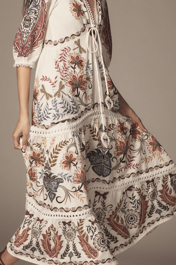 Puerto Rico Unique Print Tie-up Half Sleeve A-line Tiered Maxi Dress - Fashionpara