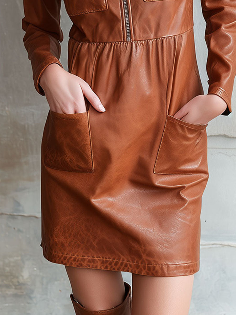 Vintage Brown Eco Leather Zip Front Shirt Dress With Pockets - Fashionpara