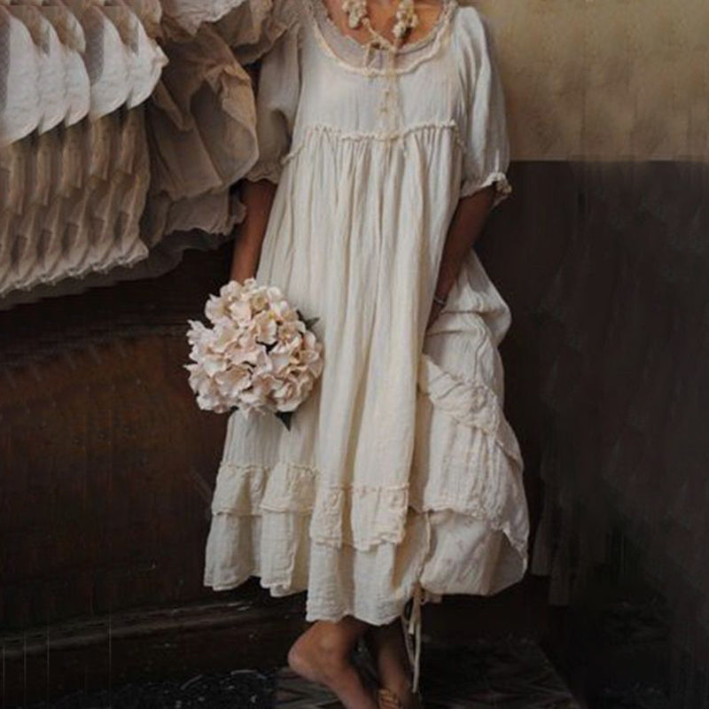 Lace Trim Tiered Ruffle Puff Sleeve Midi Dress