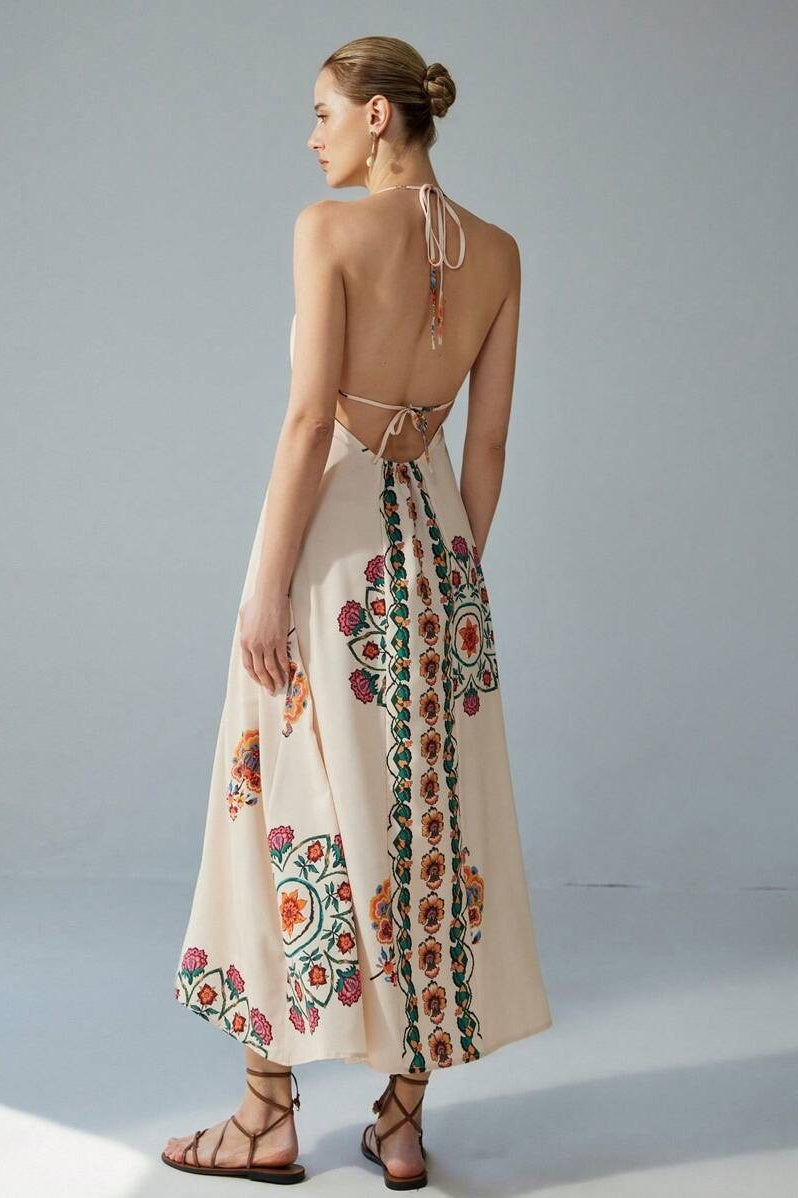 Embroidered Floral Halter Neck V-Neck Maxi Dress 3